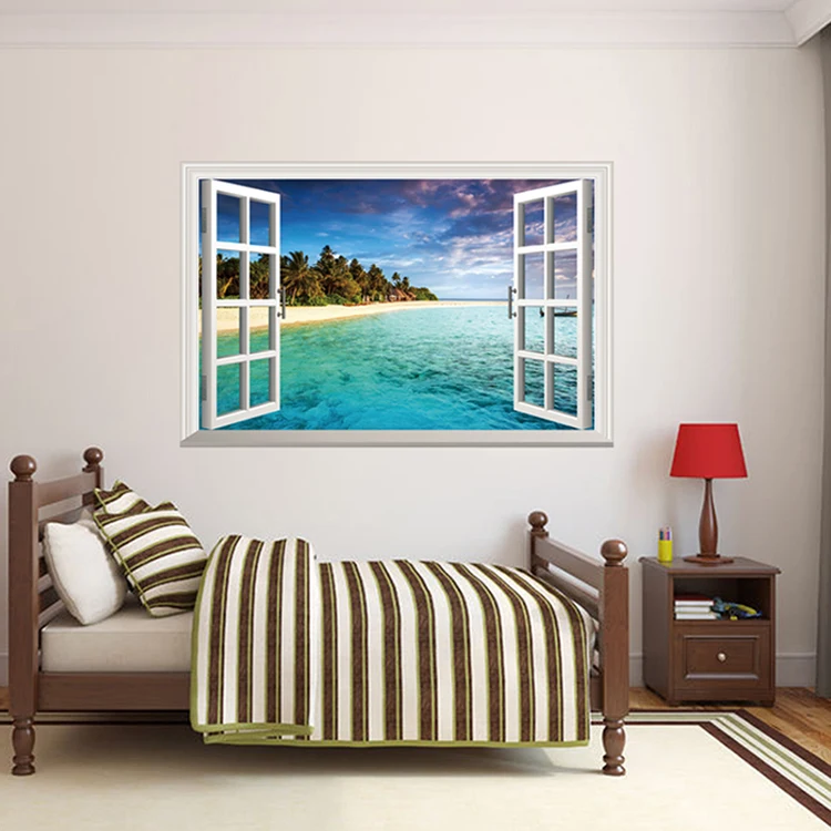 room decor large 3d sea beach scenery view pvc window decorative wall sticker