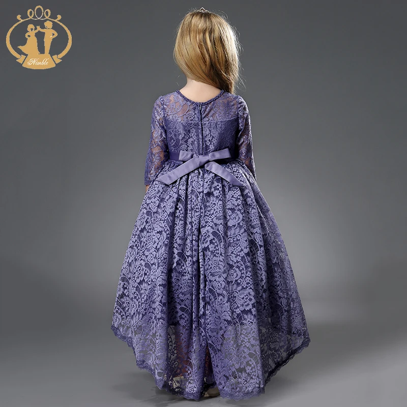 Nimble Designer Purple Flower Girl Dress High Collar Heavy Beading Satin Princess Gril Dresses With Long Train