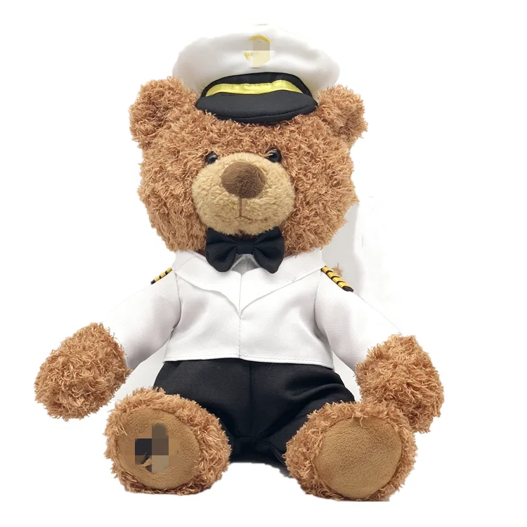 OEM plush Captain bear promotional gift Brown Pilot teddy bear stuffed toy with clothes