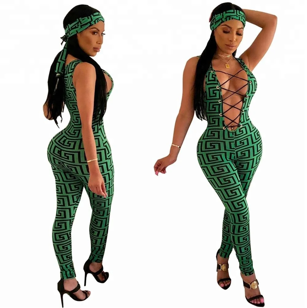 
Fashion Deep V Neck Bandage Jumpsuit Figure Printed Bodysuit 