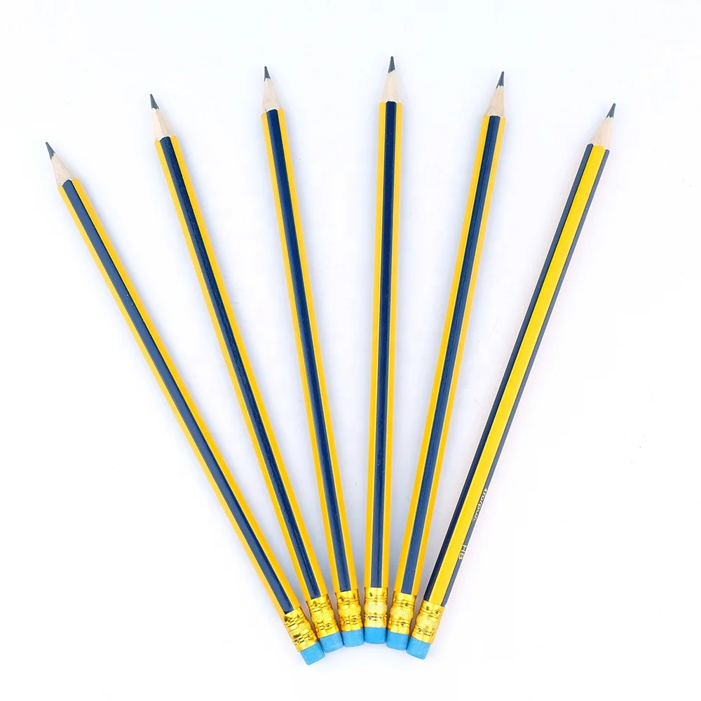 2022 China Custom Logo Promotional Stripes HB Wooden Pencil with Eraser Topper