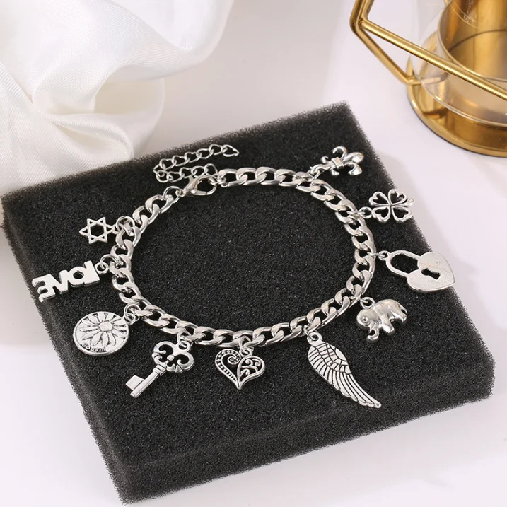 Cute girls bracelet chain charms with heart key wing pendant bracelet