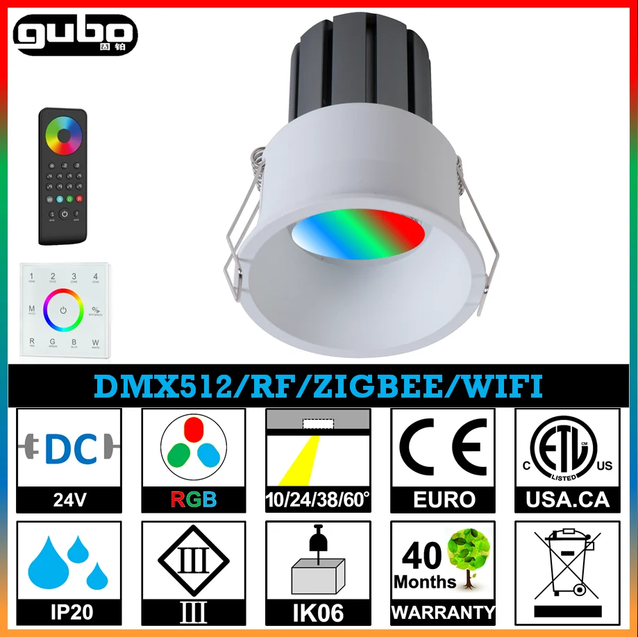 
GUBO 9W RGB LED Recessed Downlight 3C*3W 3years Warranty DMX512 Zigbee 