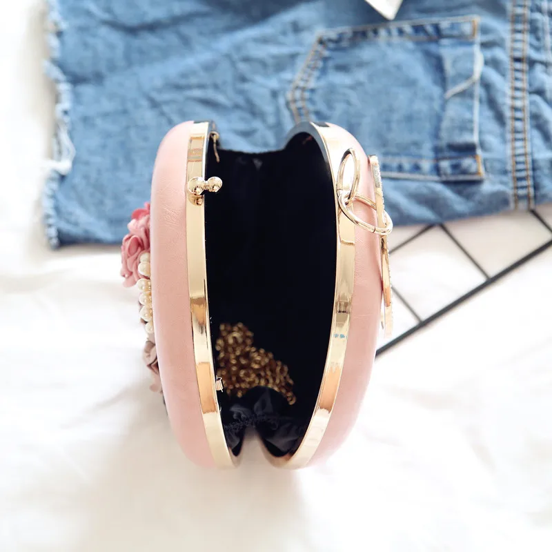 Flower Embroidery Handmade Beaded Chain Oblate Shape Women Cosmetic Handbag Round Rhinestone Clutch Bag Lady Evening Bag