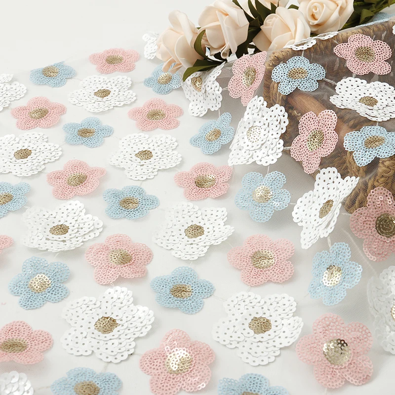 Fashion design quality factory fine workmanship 3D embossed mesh sequin fabric for girls