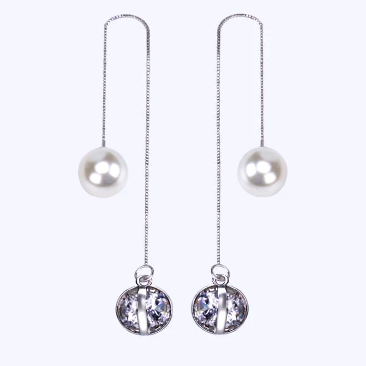 Fashion Tiny Box Chain Put Through Earrings Pearl and CZ Charm Dangling Earrings