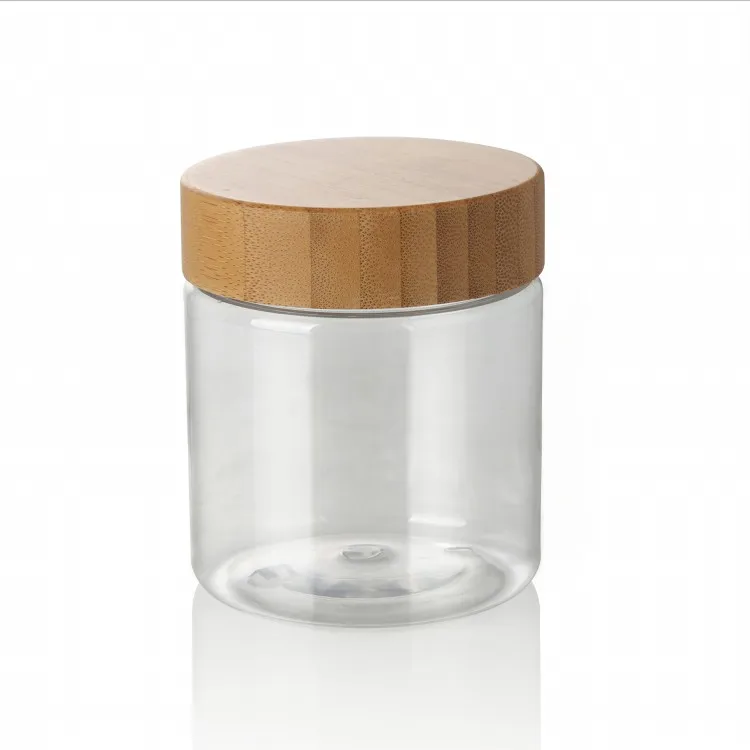 Big capacity bamboo jar 500ml pet jar with bamboo lid 500g cream jar plastic