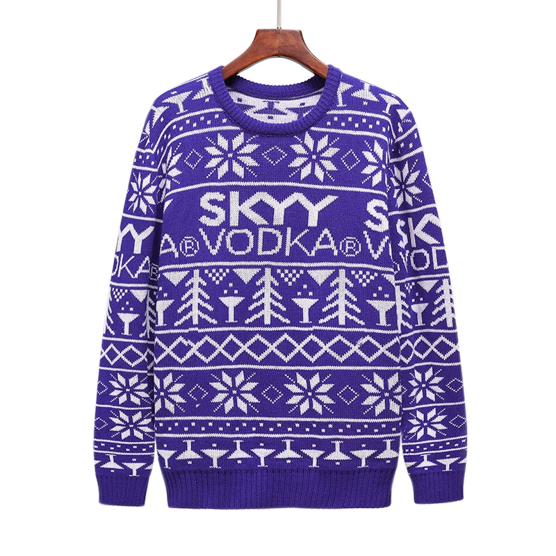 
Custom knitted jacquard pullover crew neck long sleeve blue unisex Christmas jumper Christmas sweater with snowflake pattern 