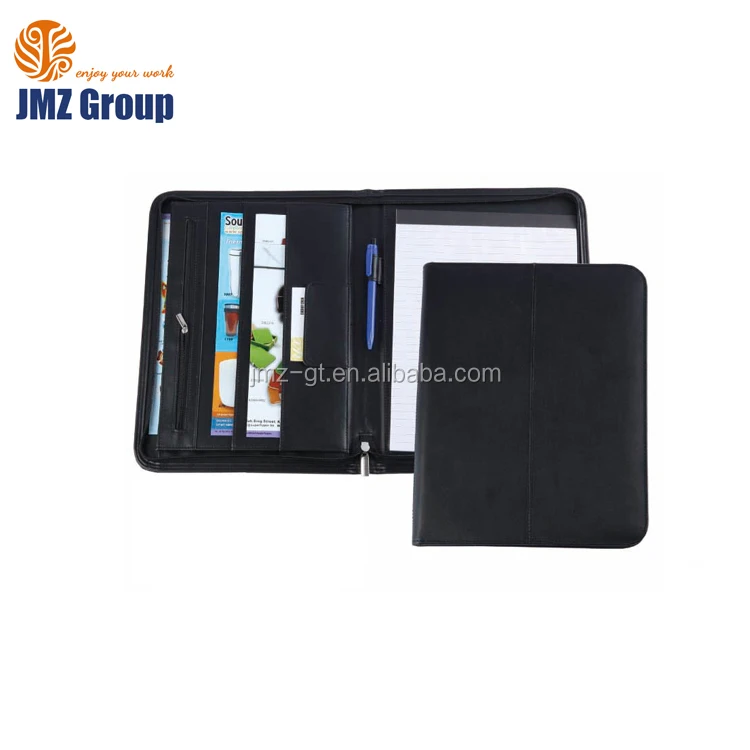 Luxury yellow A4 leather file folder zipper portfolio A4 padfolio business manager folder with calculator ring binder