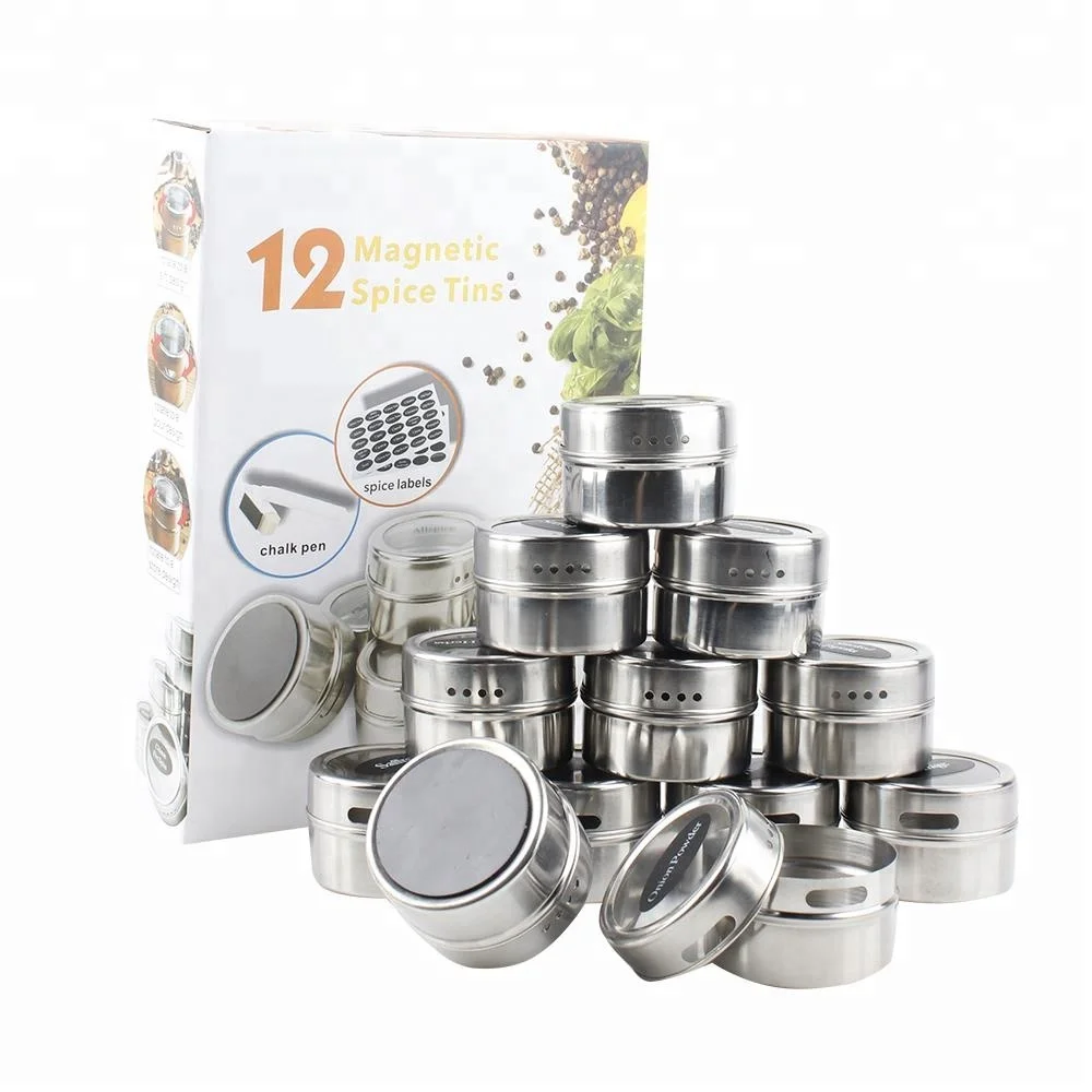 12 Premium Grade 304 Stainless Steel Magnetic Spice Containers with clear lids