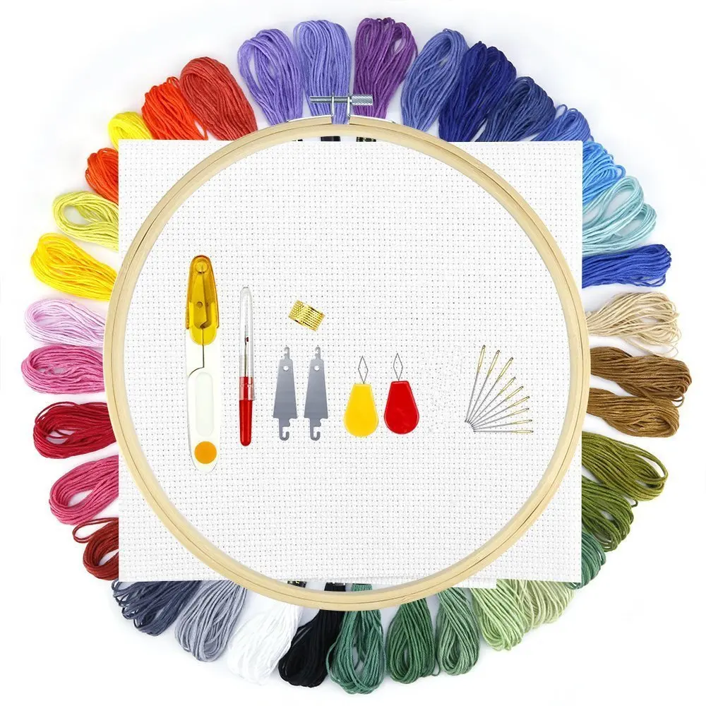 Cross Stitch Kits, Embroidery Starter Kit with 26cm Wood Embroidery Hoop, 50Colour Embroidery Floss and 30cm x 46cm 14 Count