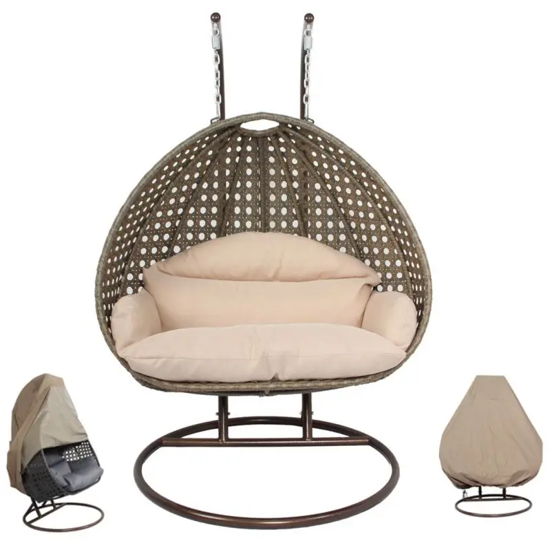 Outdoor Double Seat Garden Furniture Rattan Patio Swings Hanging Egg Chair With Cushion