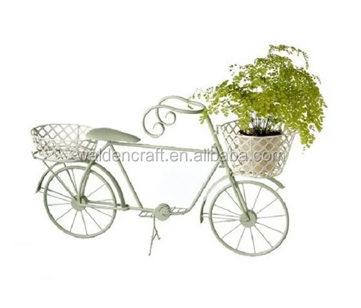 Garden metal bicycle planter with white baskets