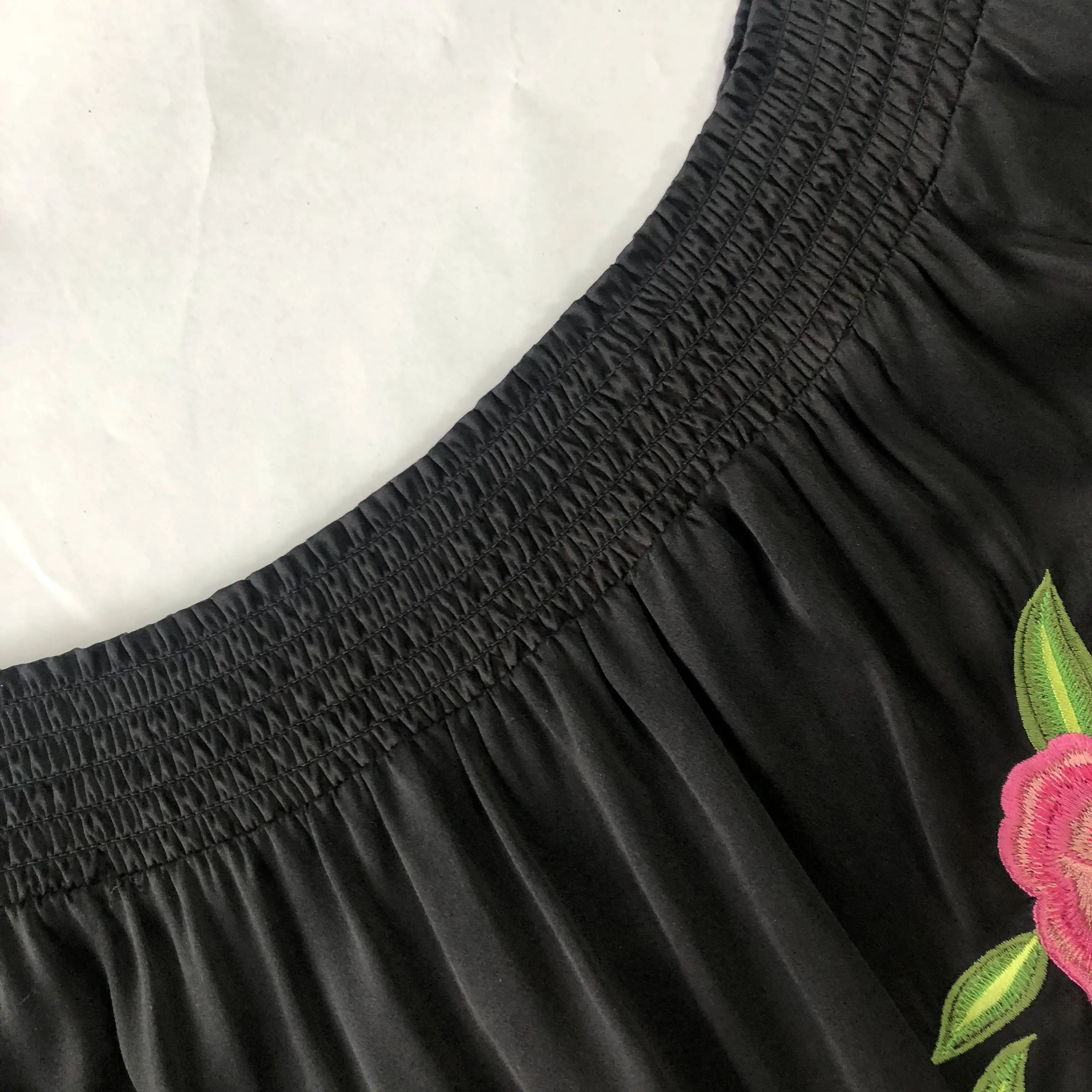 16mm Silk Stretch Satin Stone Washed Front Embroidery Short Sleeve Graceful Skirts for Women