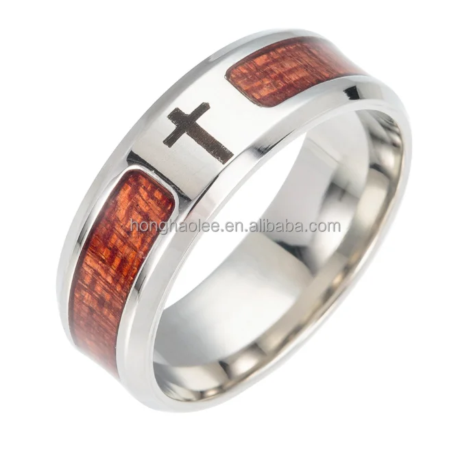 Titanium steel Inlaid koa ring with tree cross stainless steel jewelry
