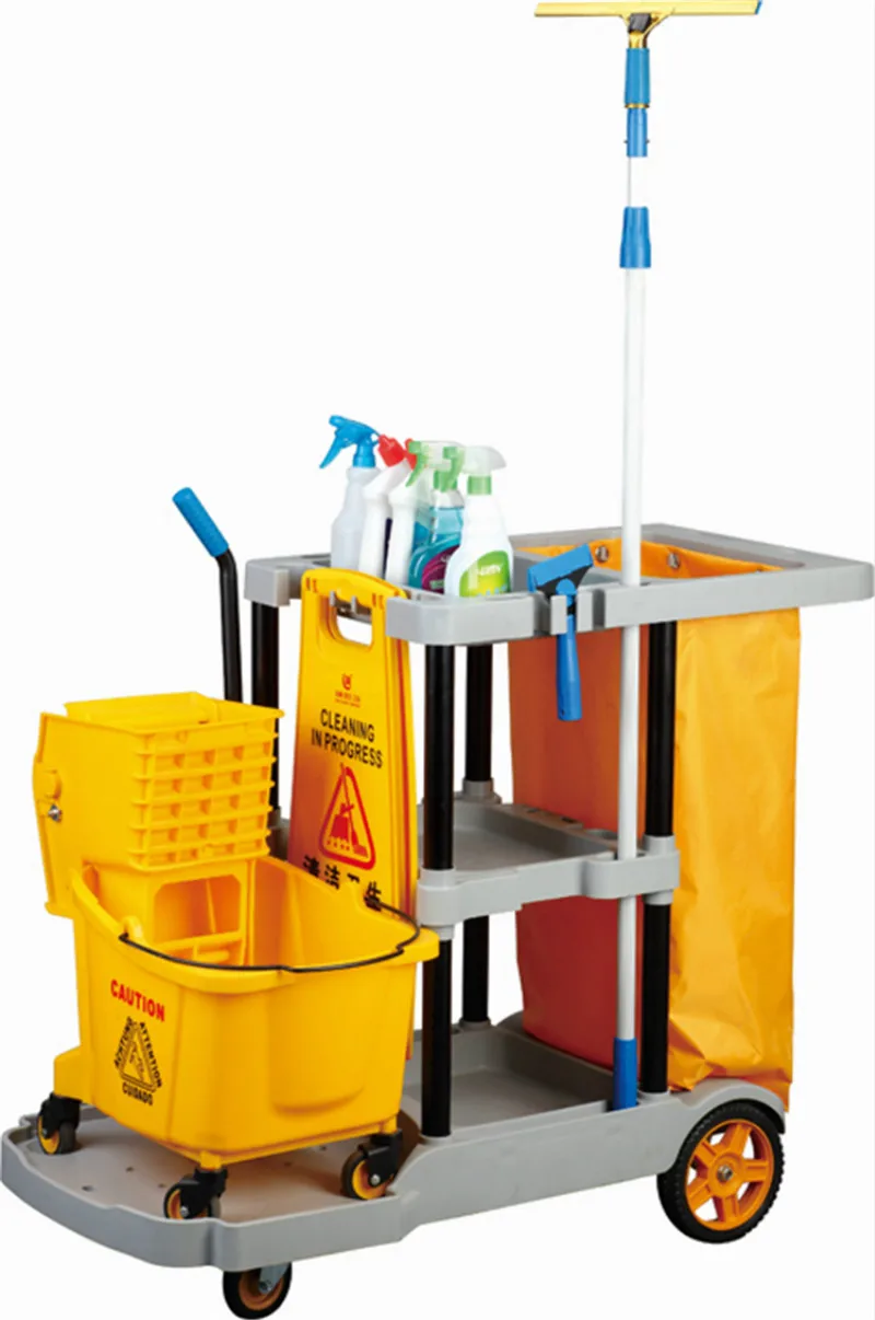 
Hotel Commercial Housekeeping Trolley Janitor Cleaning Cart 3-Shelf Cart With Yellow Bag 