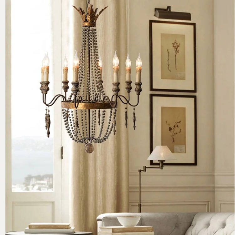Italian iron hanging pendant lighting,vintage classic wood beaded chandelier