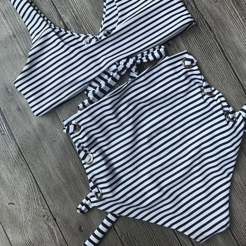 Striped Strappy High Waist Two Piece Women Bikini Swimsuit