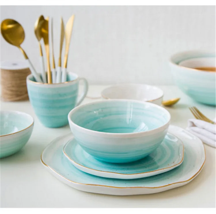 New design kitchen plate gold rim spiral crockery ceramic dinnerware set for banquet