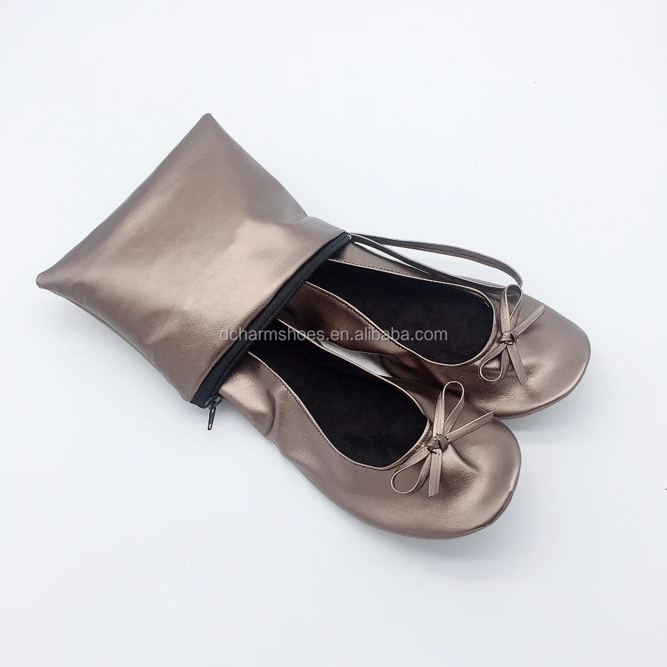 Ladies folding shoes wedding dance shoes logo printed ballet flat with bag