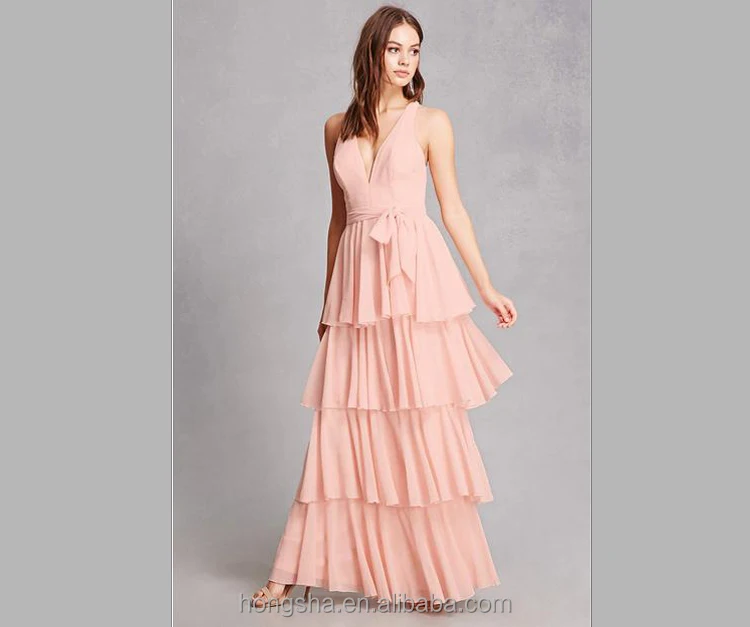 Tiered Belted Gown2017 Elegant Bridal Chiffon Gown Dress shirred tiered layers an attached sash belt HSH6013