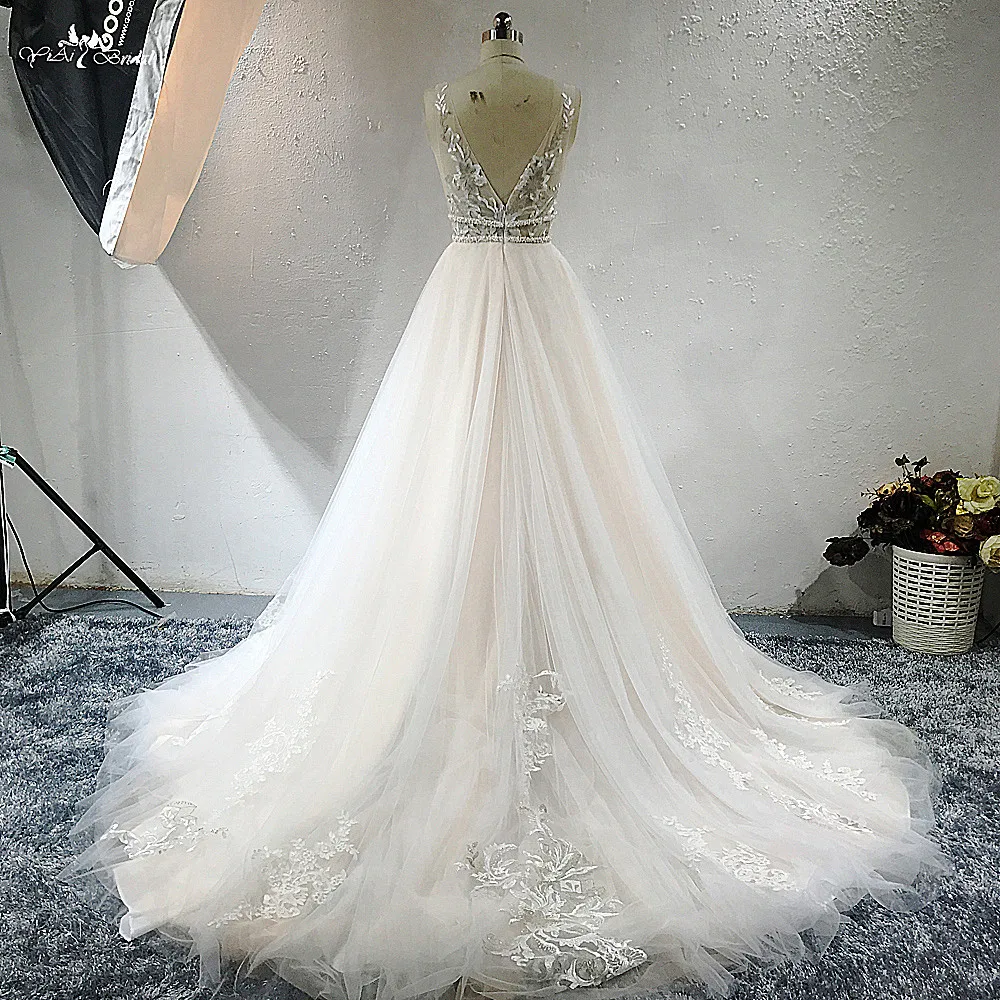 RSW1493 High quality Vestido De Noiva Sleeveless Deep V-neck Blush Pink Boho Lace Beach Wedding Dress Bridal Dress