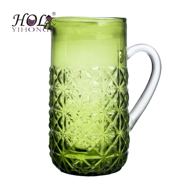 Hand Made Embossed Green Color Drinking Glass Water Jug with Handle