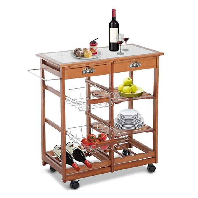 
Rolling Tile Top Wooden Kitchen Trolley Microwave Cart with 6 Bottle Wine Rack 