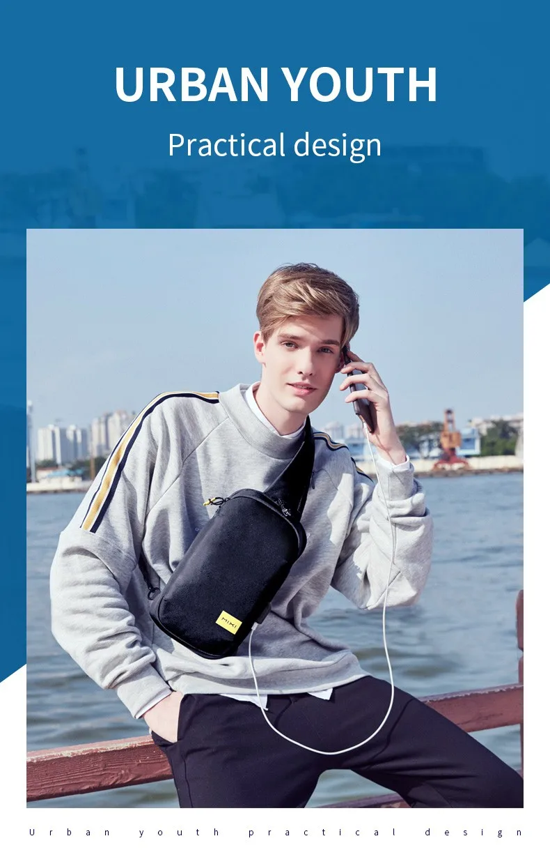 MIXI Wholesale Waterproof Men Anti-theft Messenger Shoulder Chest Crossbody Bag Side Sling Bag with USB