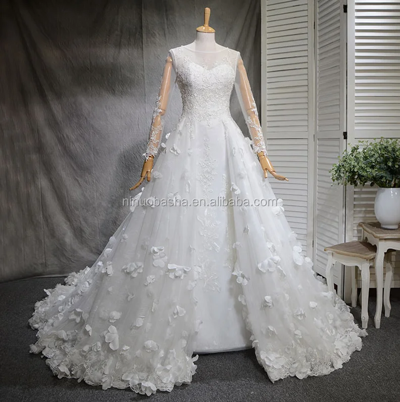 NW1273 Scoop Neckline Long Sleeve 3D Flower Lace A-line Elegant Wedding Dress With Detachable Train