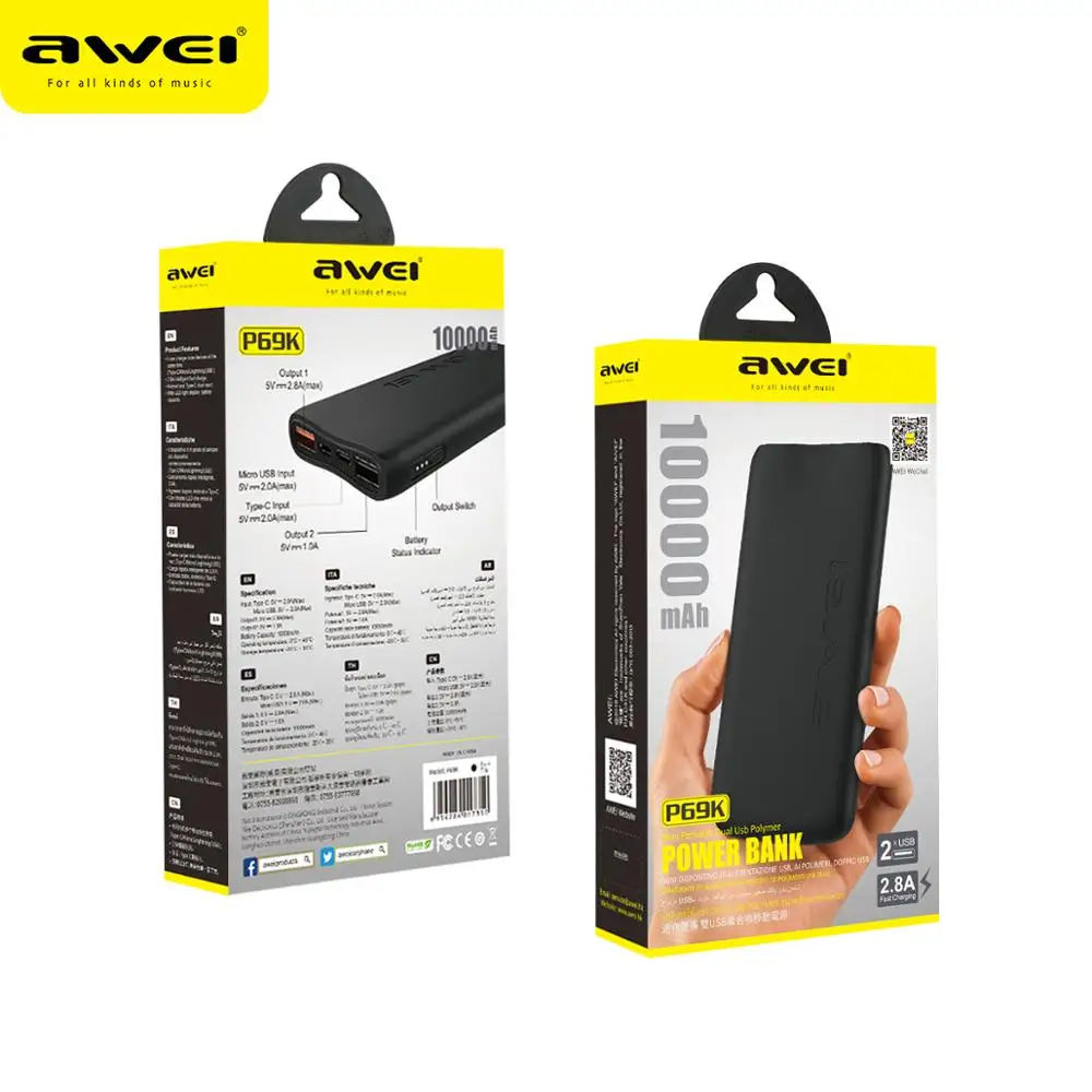 Original  factory Awei fast charging cute portable power bank 10000mAh with dual usb output