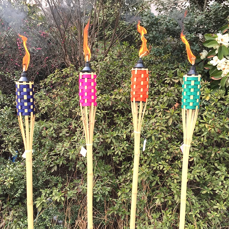 Outdoor 150 CM Bamboo Torch Multicolor Tiki Torch With Weaving Black Color Canister Garden Torch