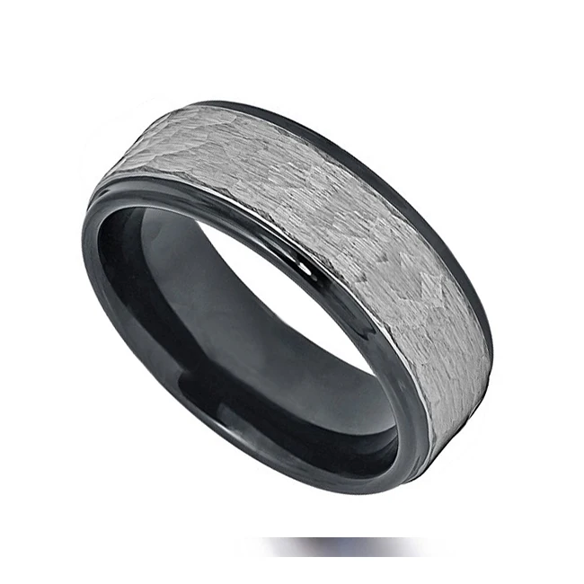 
Custom hammered rings tungsten carbide 8mm men gold engraved black rings 
