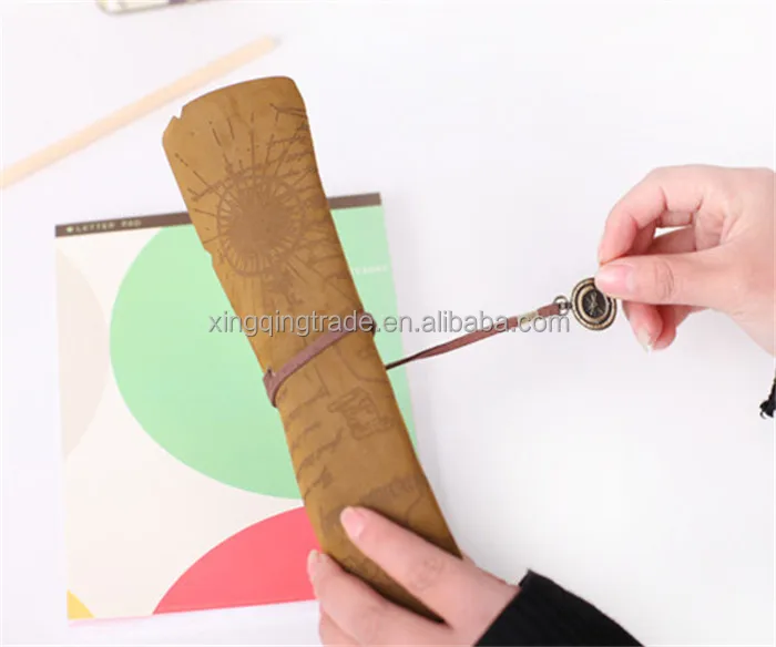 Retro Vintage Pirate Roll Up PU Leather Pen Pencil Case Bags Treasure Map Kid Party Gift Favor Make up Cosmetic Bag