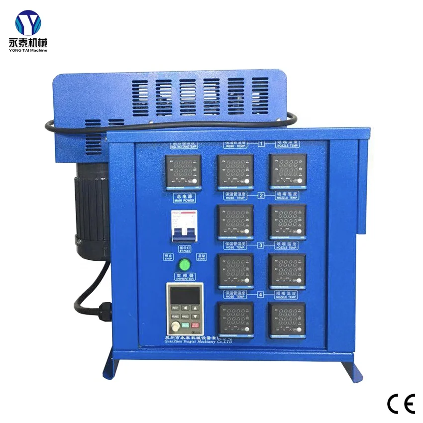 YT-M10P2 10kgs hot melt glue machine for delivering and melting reactive hot melt adhesives.