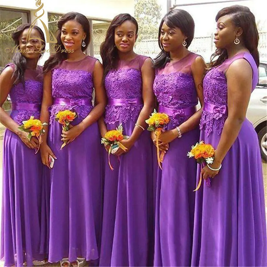 
Floor Length Chiffon Scoop A Line Purple Bridesmaid Dresses With Lace Bodice And Sash On Waist 