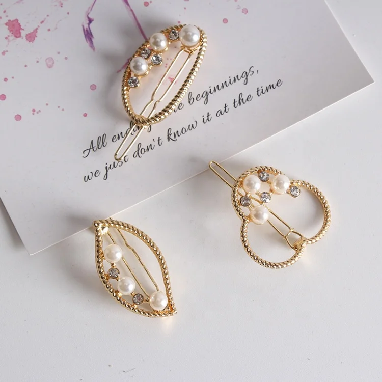 Europe and America metal hair pin fashion geometric pearl hair clip word hair clip headwear