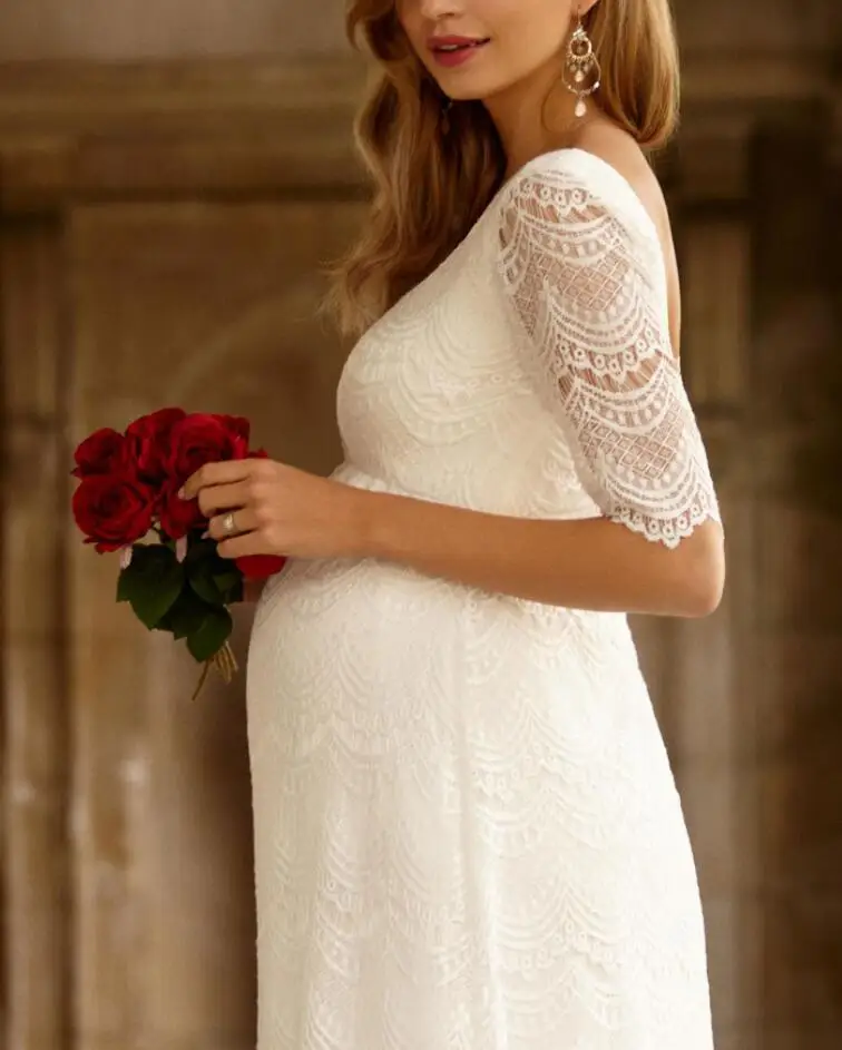Floor Length Big Size White Wedding Gown Dress For Pregnant Brides