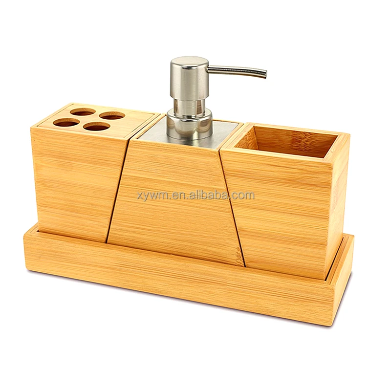 3 PCS Bamboo Bathroom Set with Tray - Soap Dispenser, Cup, Tooth Brush Holder