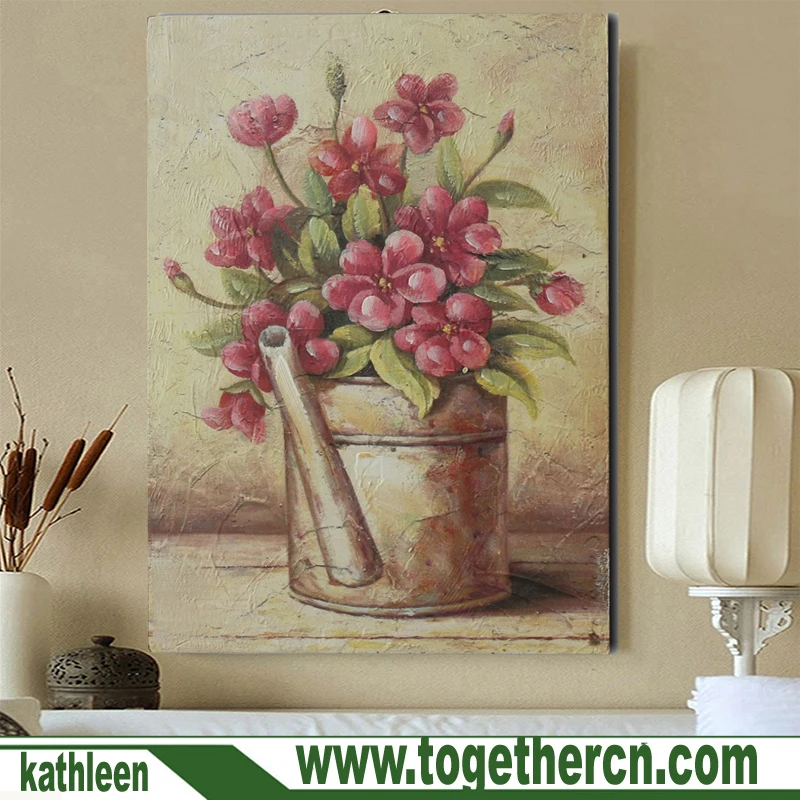 
Wall Hanging Rustic Vintage Hand 3D Painted Red Small FLower in Metal Vase Wooden Frame 