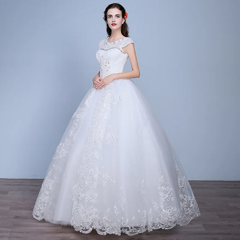 2018 Princess Elegant Cap Sleeve White Lace up Back Floor Length Wedding Gowns