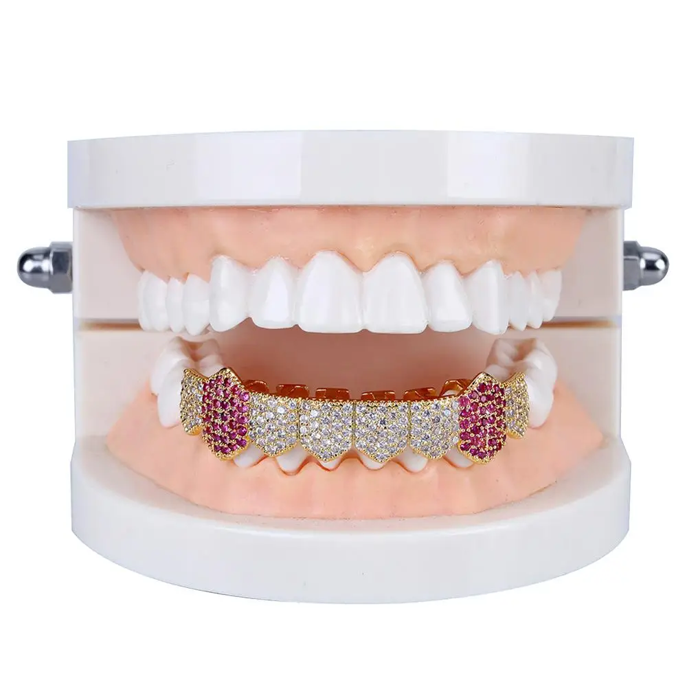 Hiphop Body Jewelry Copper Micro Pave AAA Diamond CZ Grills Vampire Fangs Colorful CZ Bottom Teeth Grillz