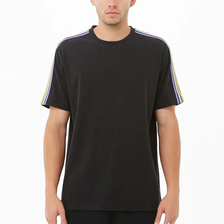 crew neck tshirt 100% cotton wholesale clothing dropped shoulders rainbow stripe trim short sleeve t shirt men