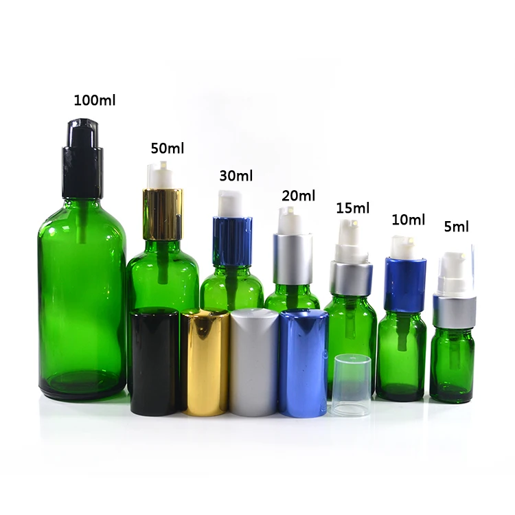5ml 10ml 15ml 20ml 30ml 50ml 60ml 100ml 120ml clear amber green blue glass cosmetic bottle with lotion pump cap wholesales