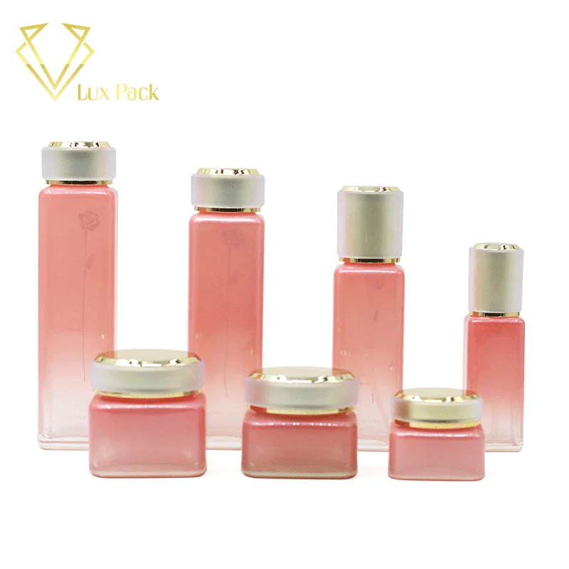 Top quality square pink cosmetic container glass bottles and fase mask jars
