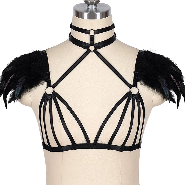 Black Strappy Crop Tops Lingerie Belt Feather Harness Epaulette for Women Adjust Elastic Punk Bralette Festival Rave Clothing