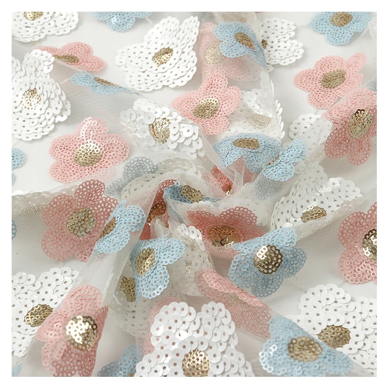 Fashion design quality factory fine workmanship 3D embossed mesh sequin fabric for girls