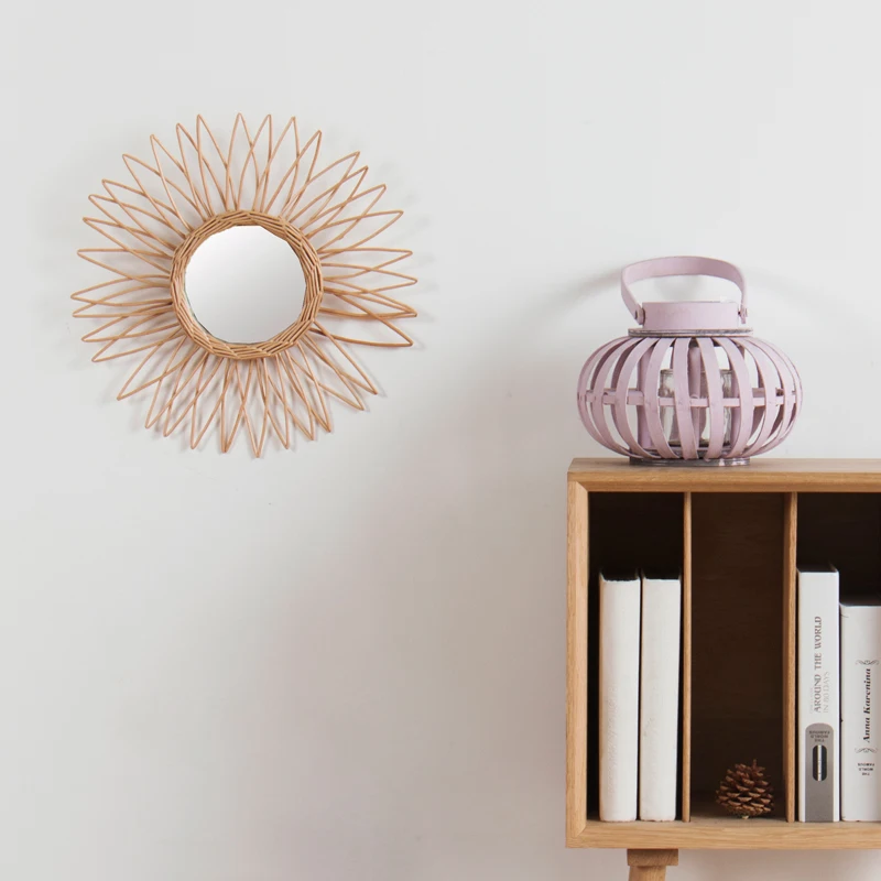 Hand Woven Craft Home Bedroom Sun Flower Round Decorative Wood Wicker Willow Frame Rattan Wall Mounted Mirror 5 Sets