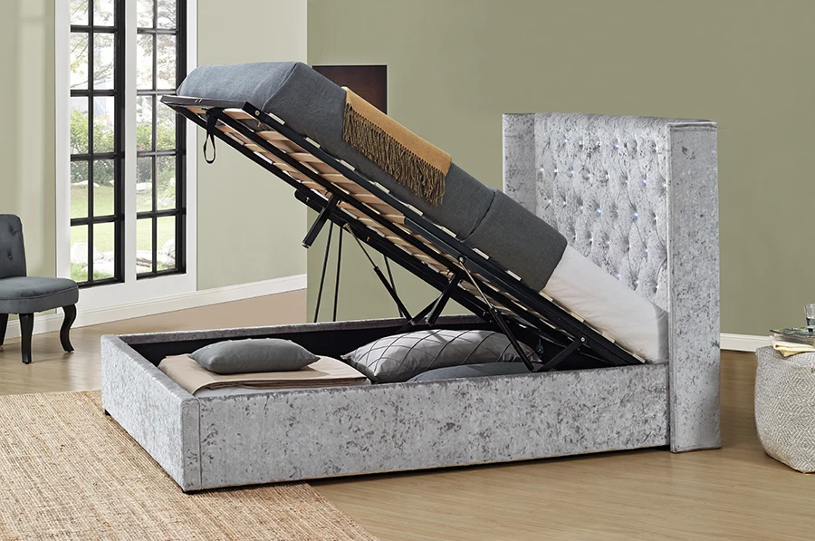 Gas lift LED storage bed with crystal buttons