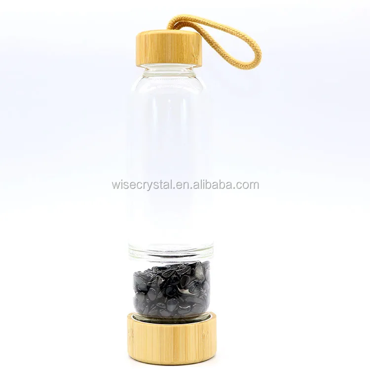 
Glass Drinking Bottle healing crystal water bottle with Bamboo Lid 
